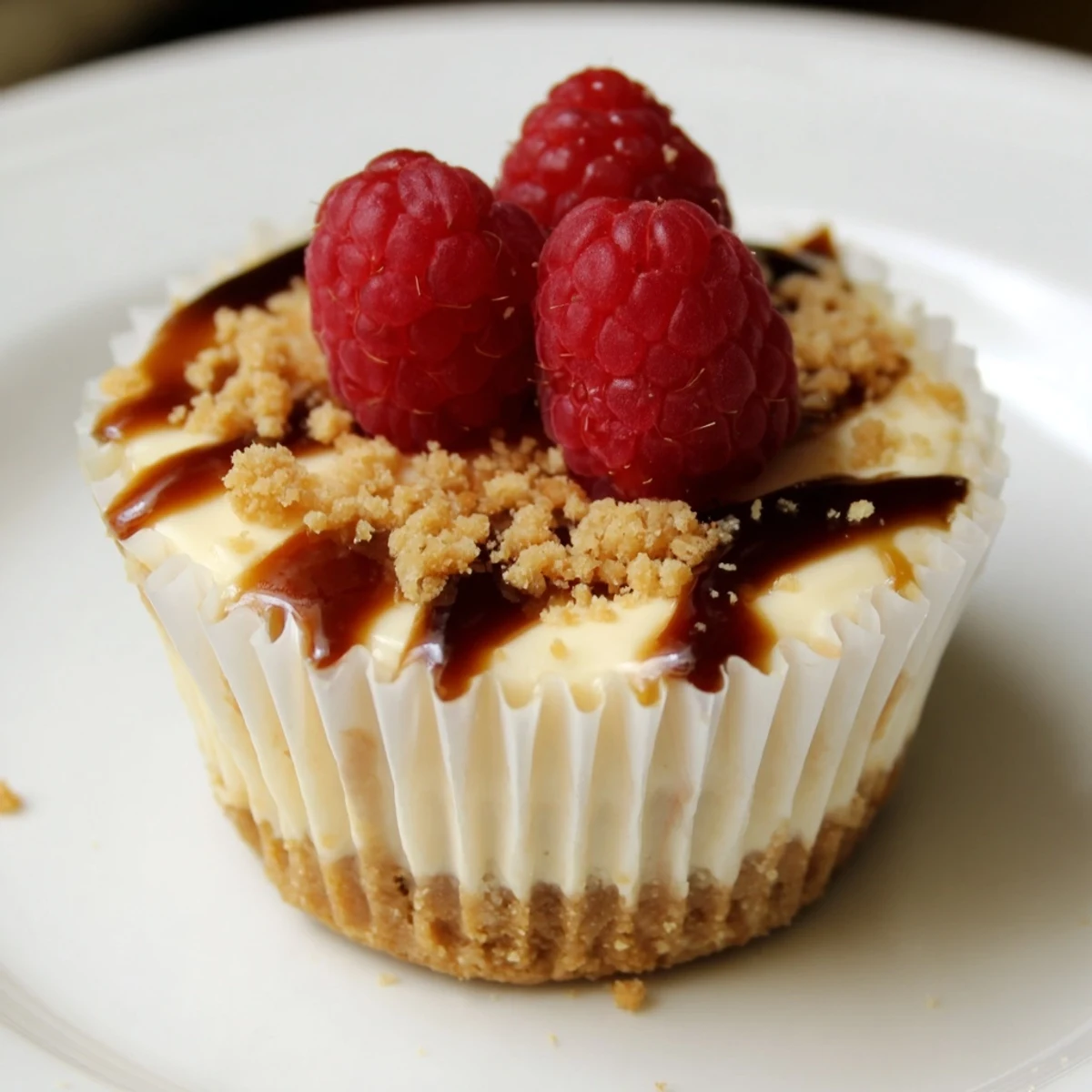 Silky mini cheesecakes garnished with melted chocolate and crushed cookies for parties