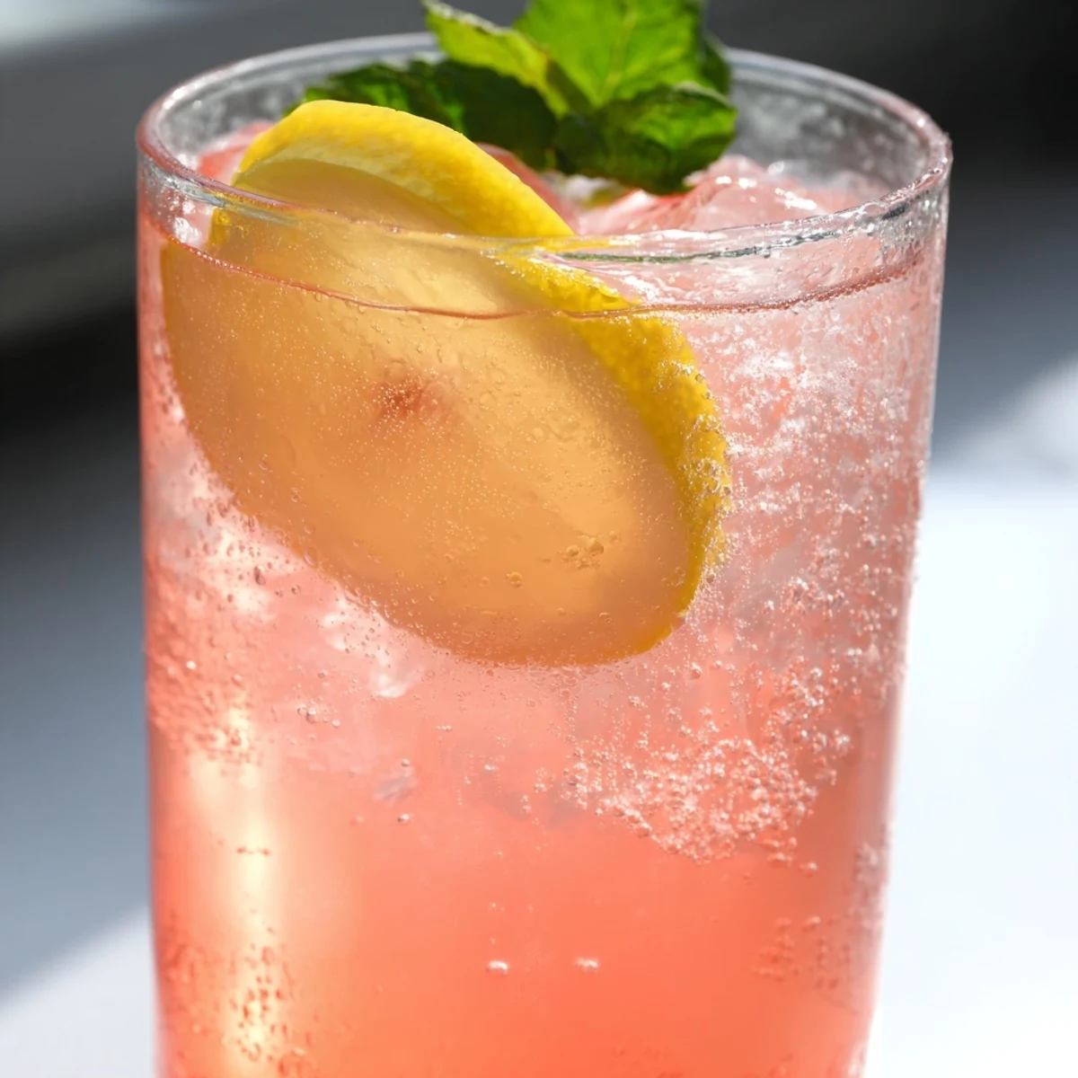 Chilled Honey Lemon Pink Soda in a glass with fresh mint garnish