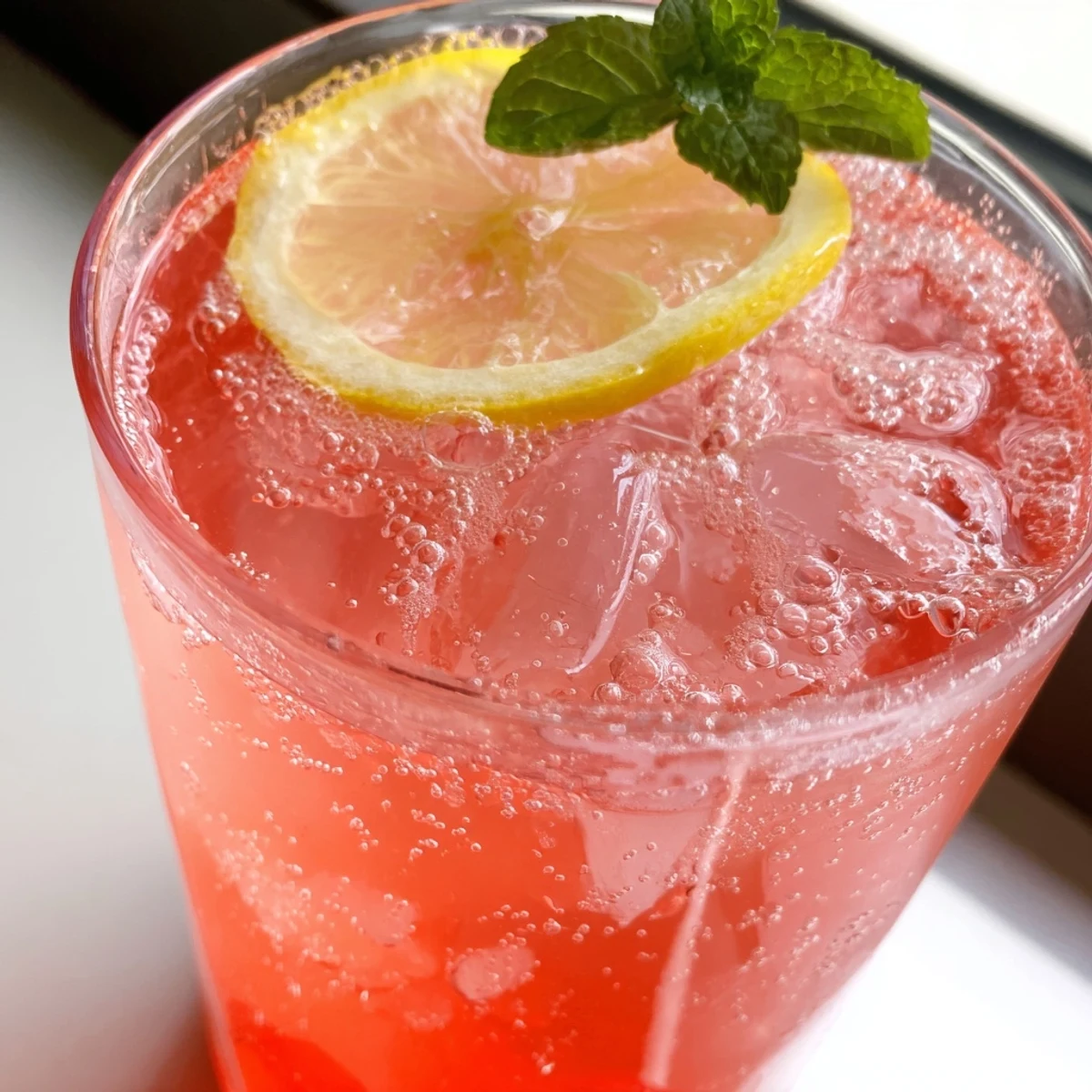 Refreshing Honey Lemon Pink Soda mocktail topped with a mint sprig