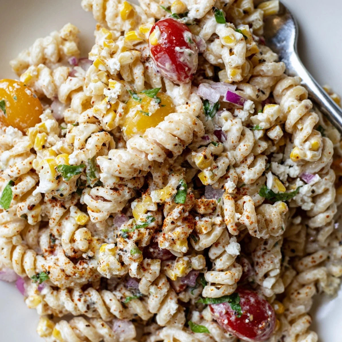 Creamy elote pasta salad topped with crumbled cotija cheese and fresh cilantro