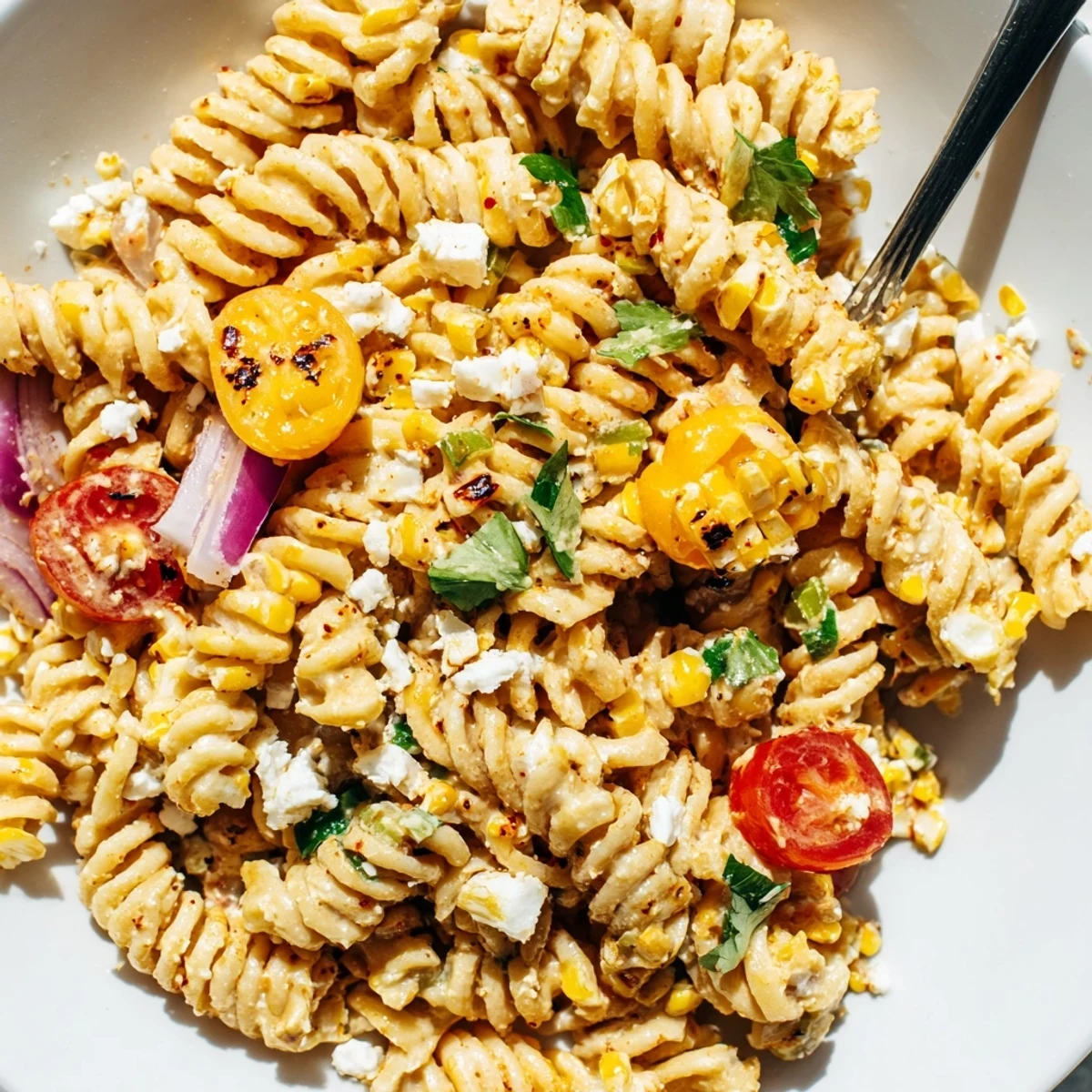 Charred corn and tangy lime dressing coat this vibrant elote pasta salad