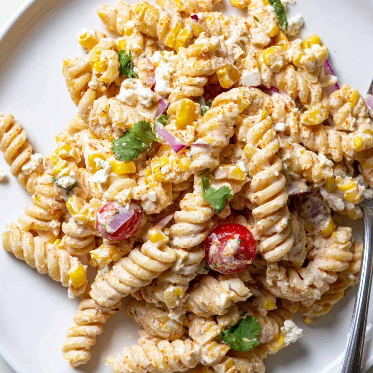 Colorful elote pasta salad served in a bowl with smoky paprika sprinkled on top