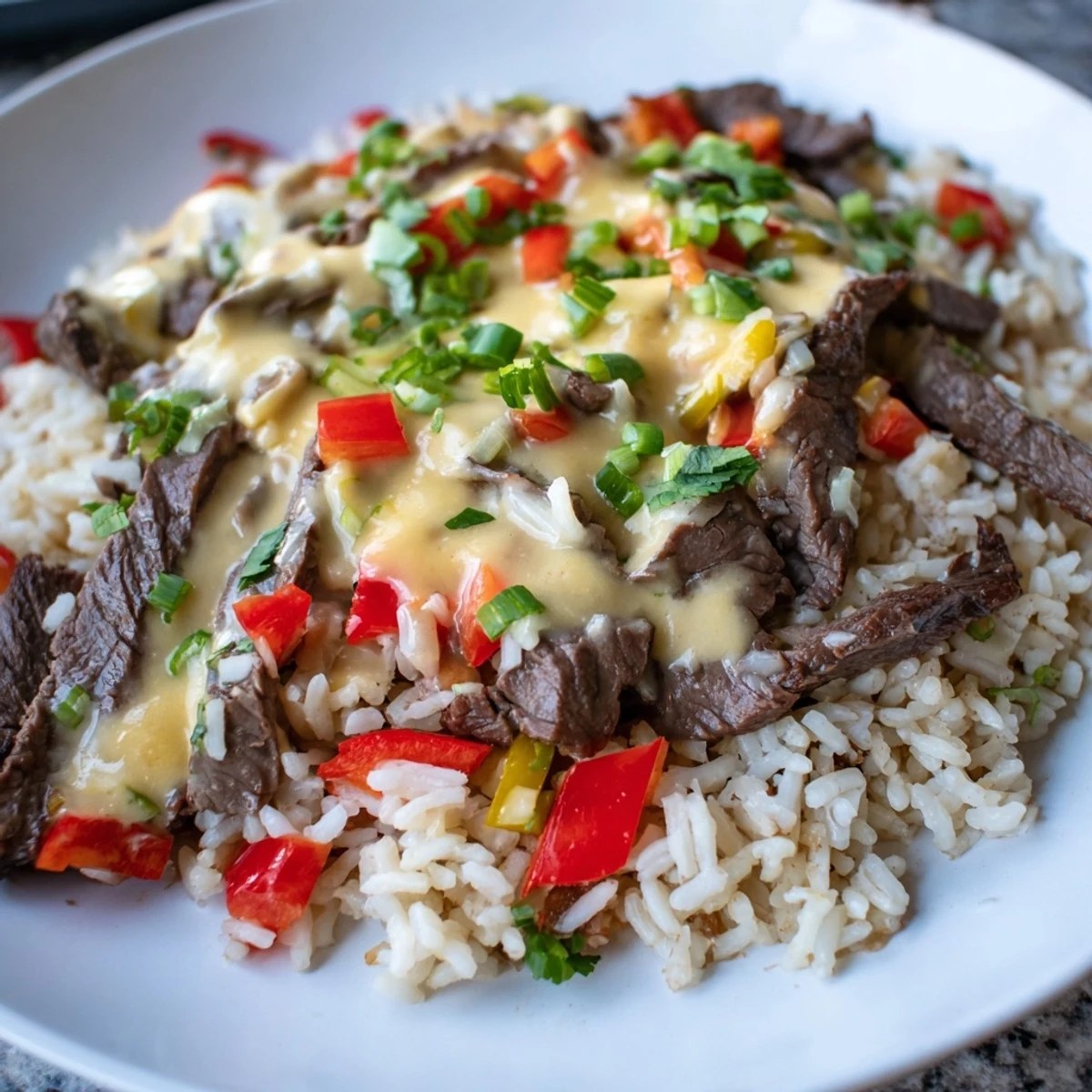 Creamy steak queso rice in a rustic bowl topped with cilantro and diced tomatoes