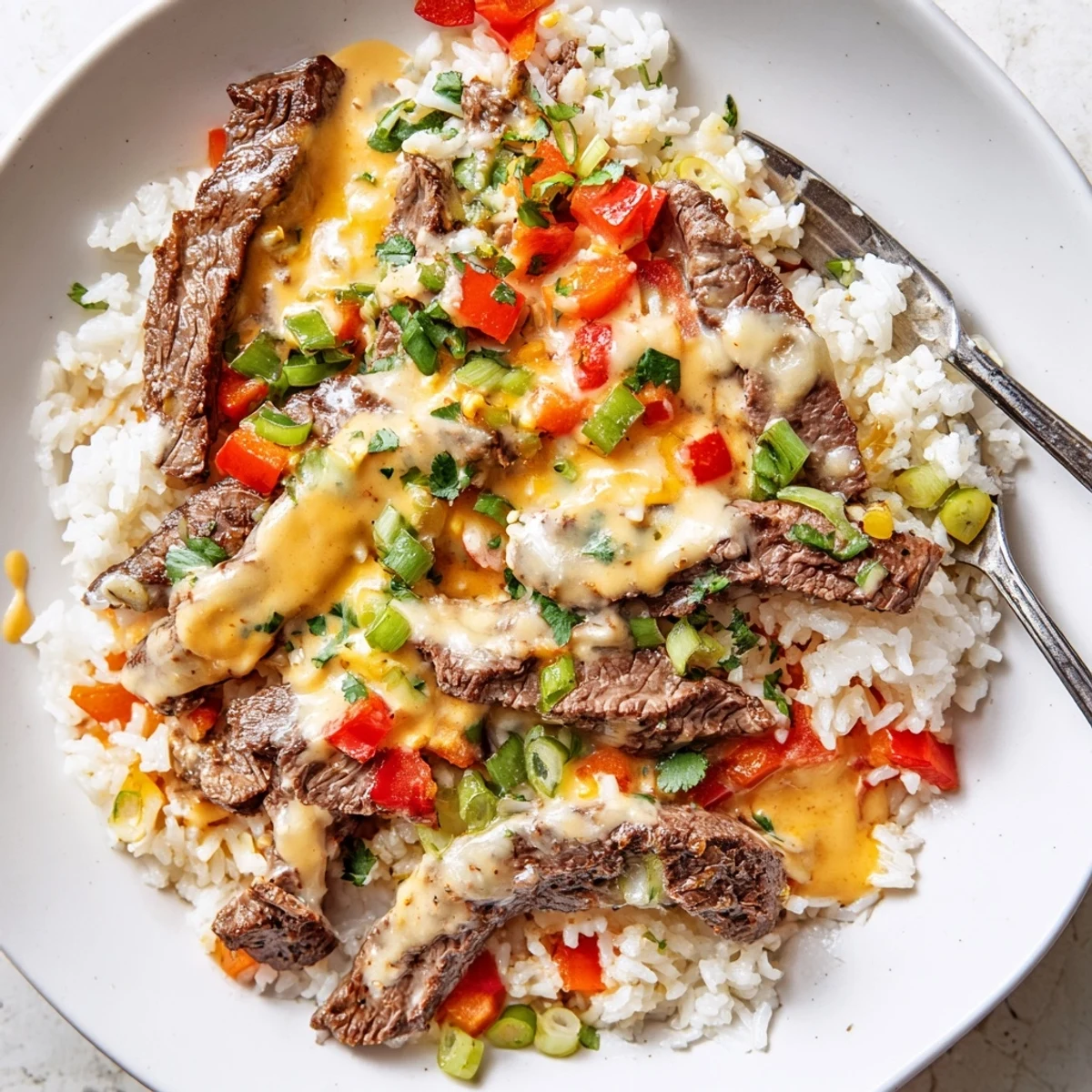Steaming skillet of steak queso rice drizzled with smooth cheese sauce and fresh garnishes