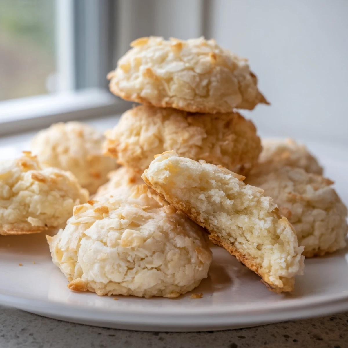 Golden soft and buttery coconut cookies with crispy edges on a cooling rack