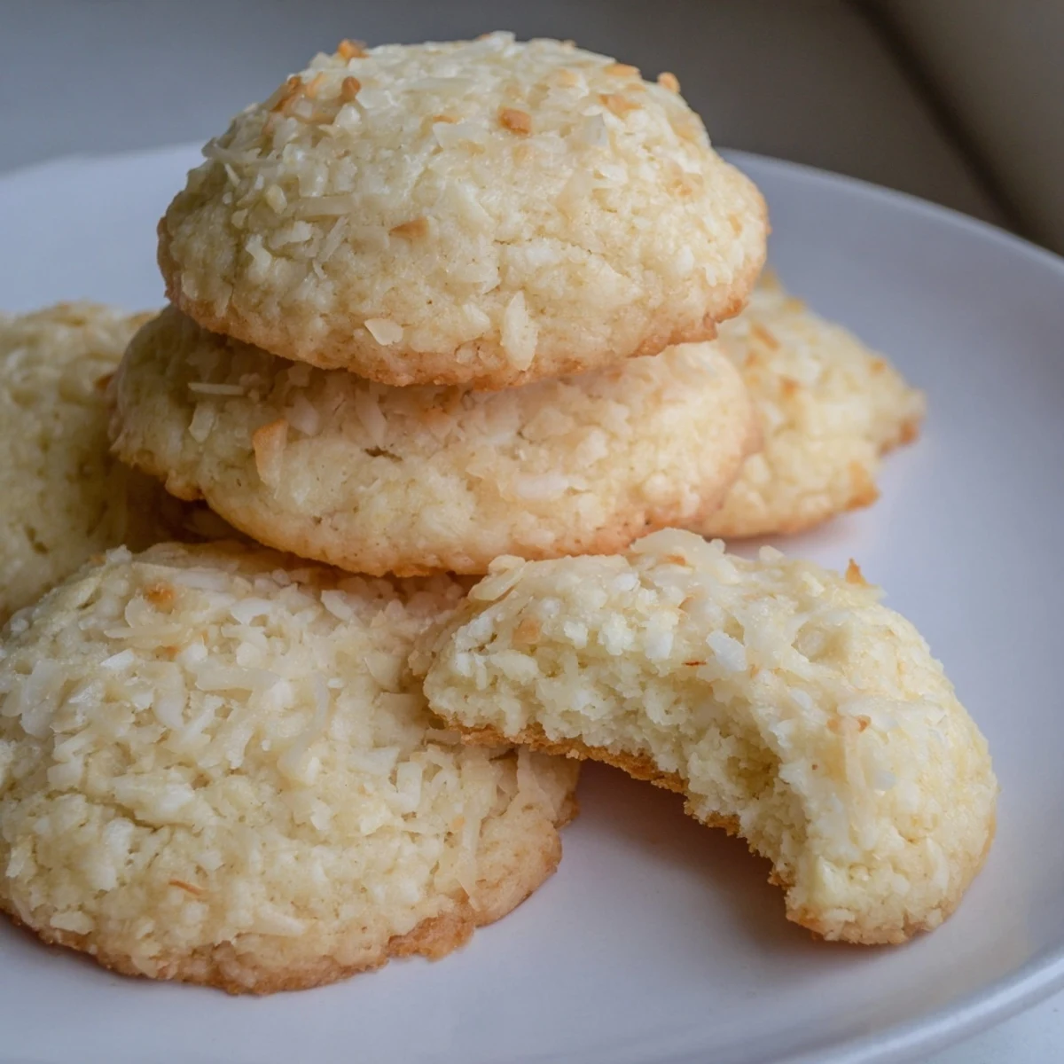 Soft and buttery coconut cookies studded with shredded coconut fresh from oven