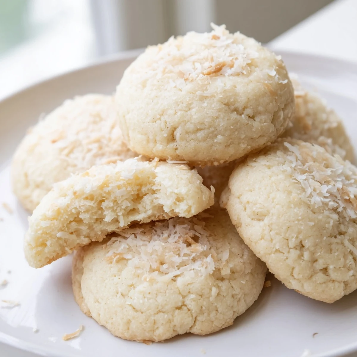 Pile of soft and buttery coconut cookies served beside a steaming mug