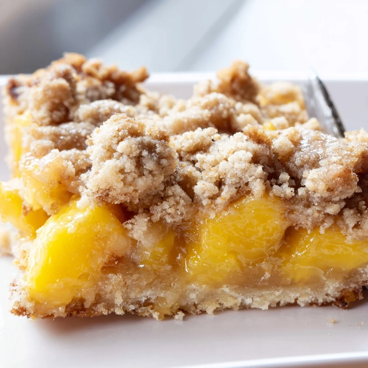Sweet and buttery peach bars with cinnamon streusel topped with vanilla ice cream