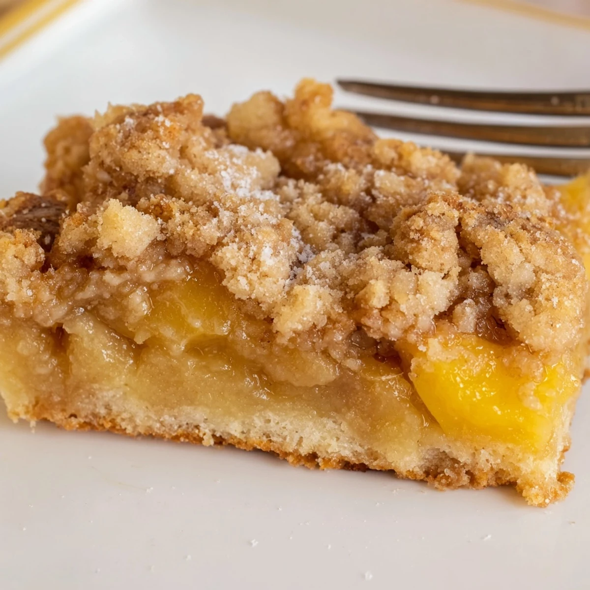 Golden sweet and buttery peach bars with cinnamon streusel fresh from the oven