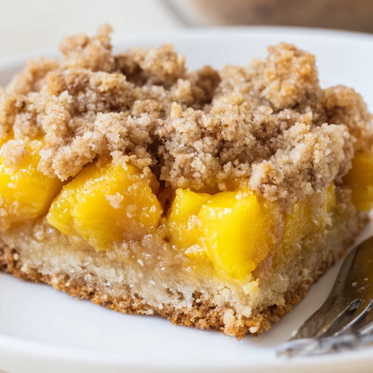 Close-up of sweet and buttery peach bars with cinnamon streusel on a rustic plate
