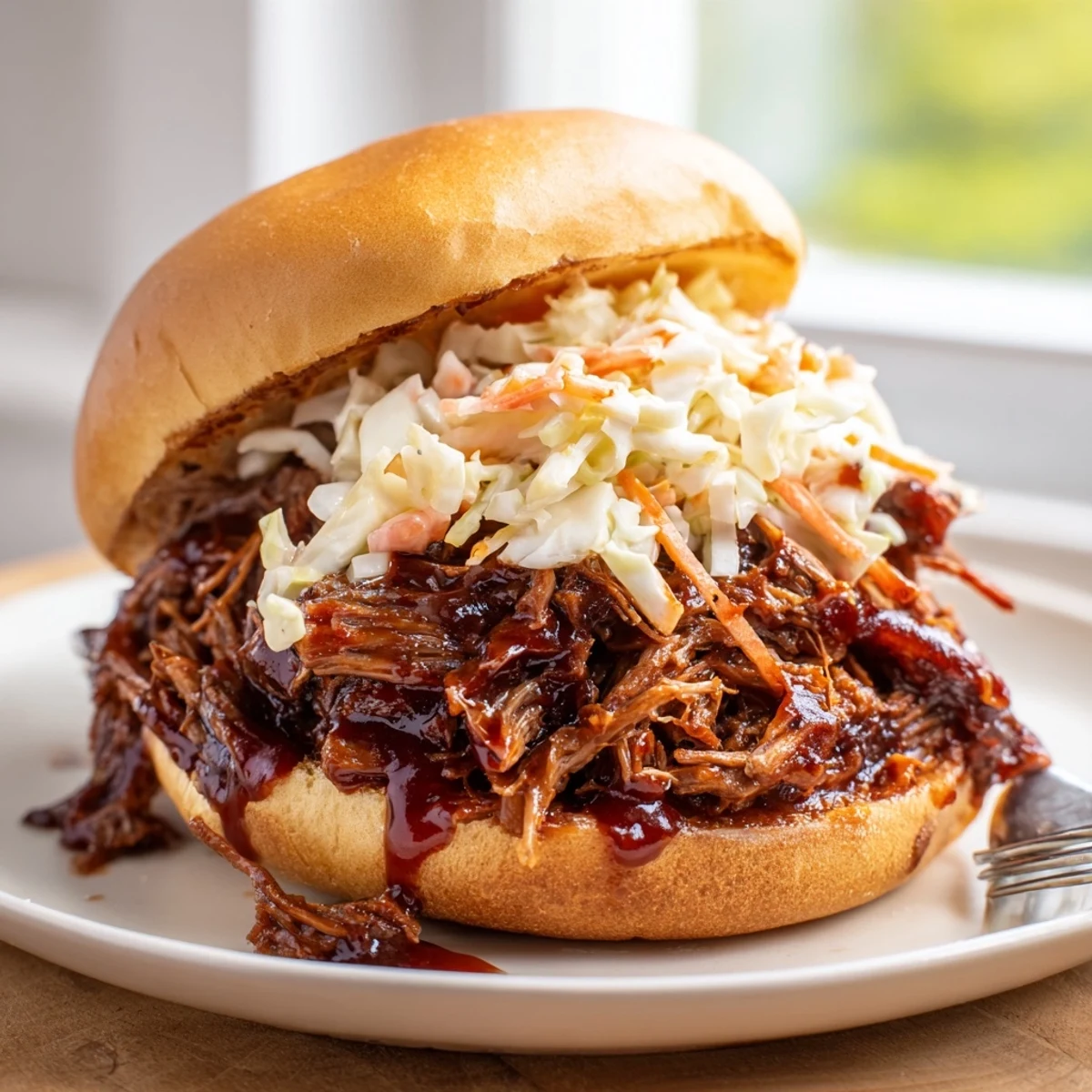 Hearty slow cooker BBQ pulled beef piled high on a toasted bun with creamy coleslaw