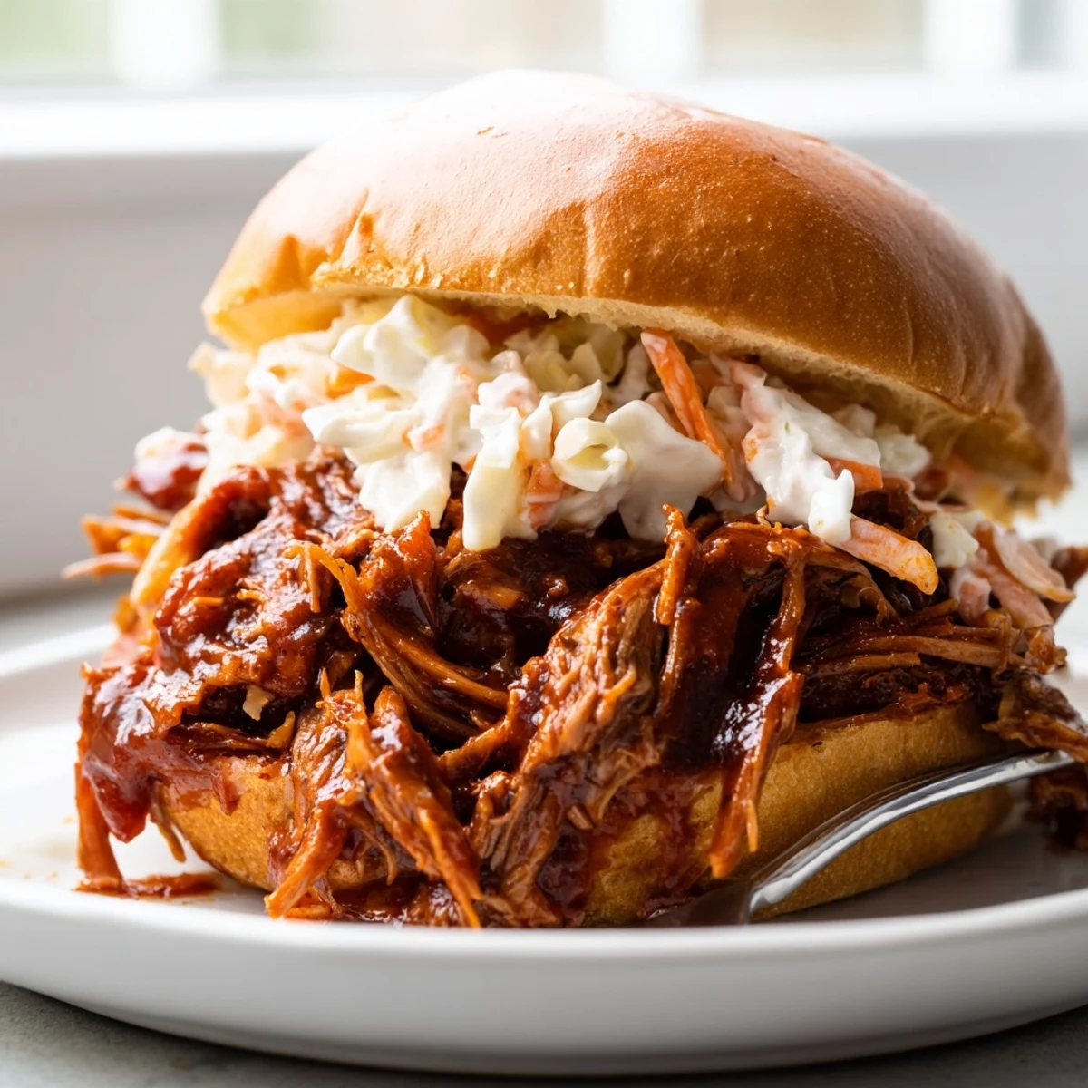 Slow cooker BBQ pulled beef shredded tender and glistening with rich smoky barbecue sauce