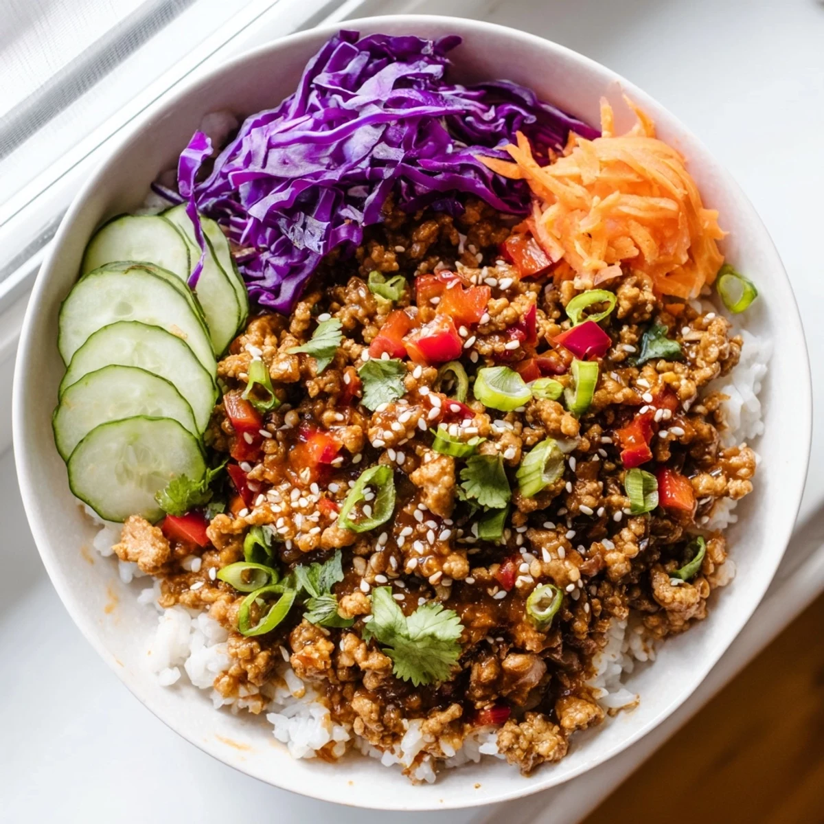 Colorful ground turkey rice bowls topped with crisp veggies and sesame seeds