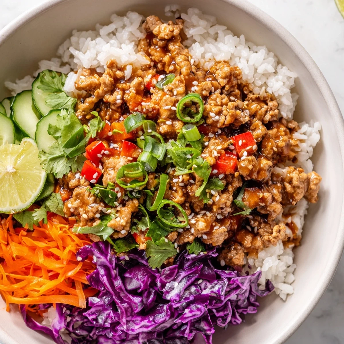 Hearty ground turkey rice bowls garnished with fresh cilantro and lime wedges