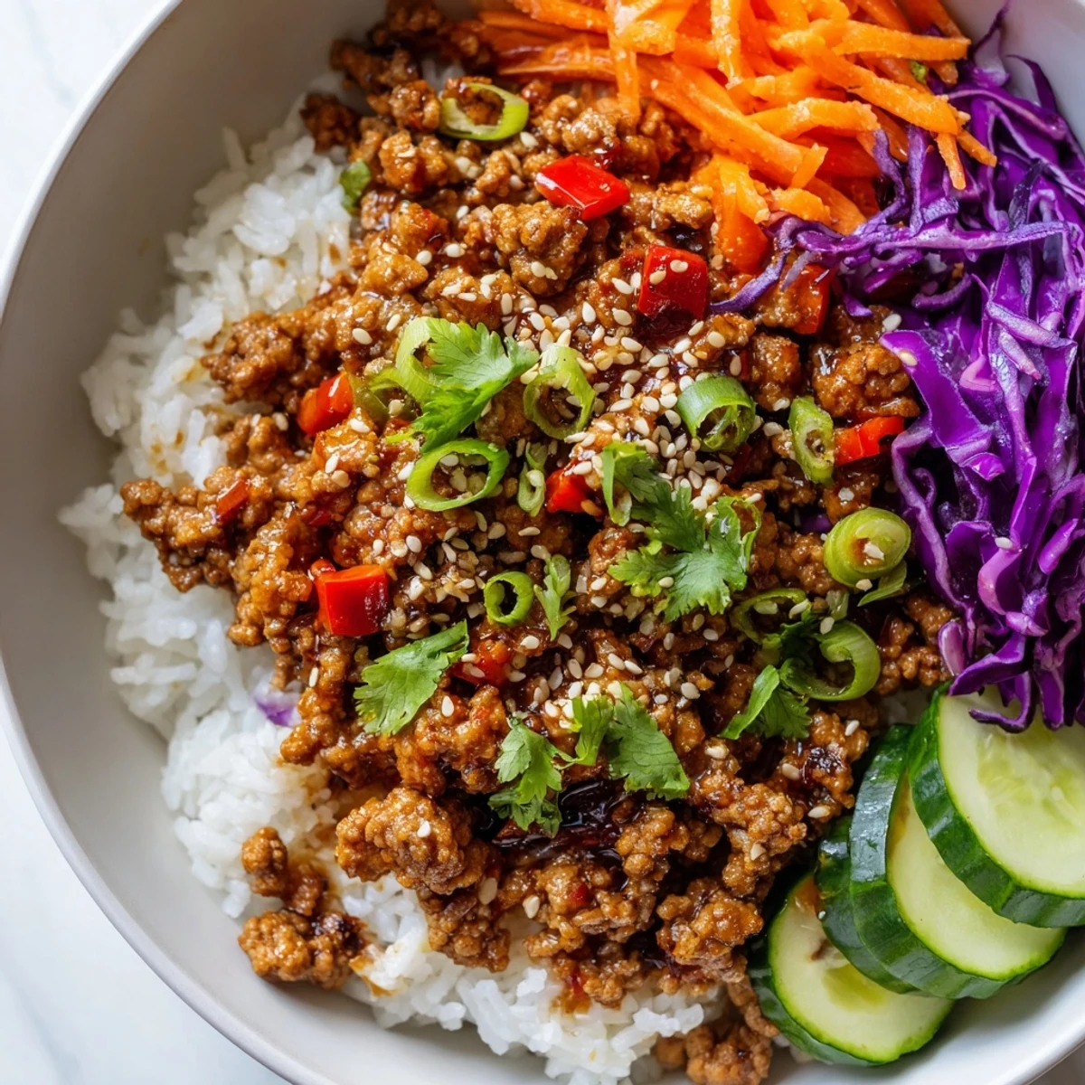 Savory ground turkey rice bowls drizzled with tangy sauce on fluffy jasmine rice