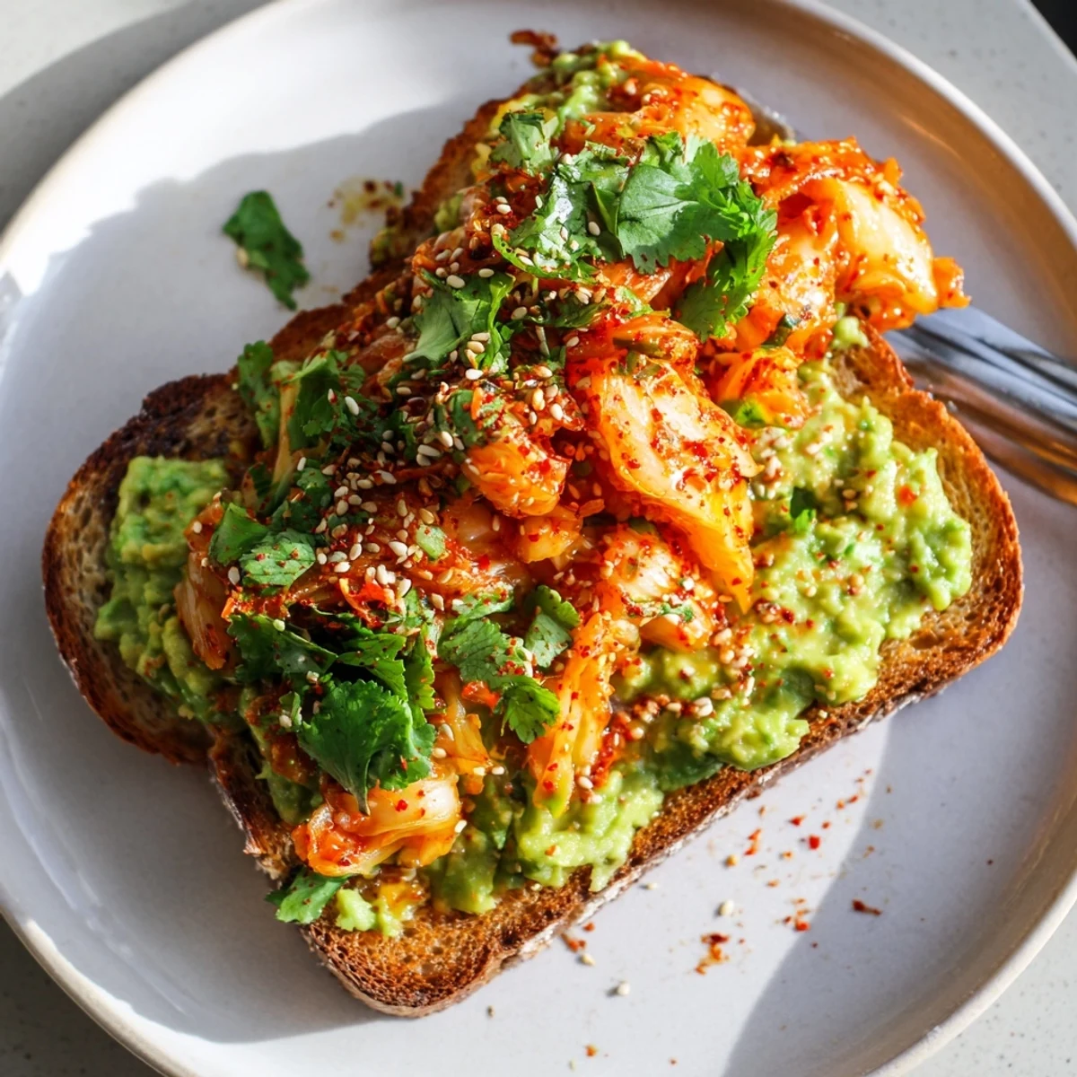 Crispy golden toast piled with creamy avocado and vibrant red kimchi garnished with sesame seeds