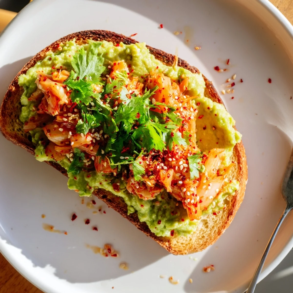 Creamy mashed avocado spread on rustic sourdough topped with spicy tangy kimchi and fresh cilantro