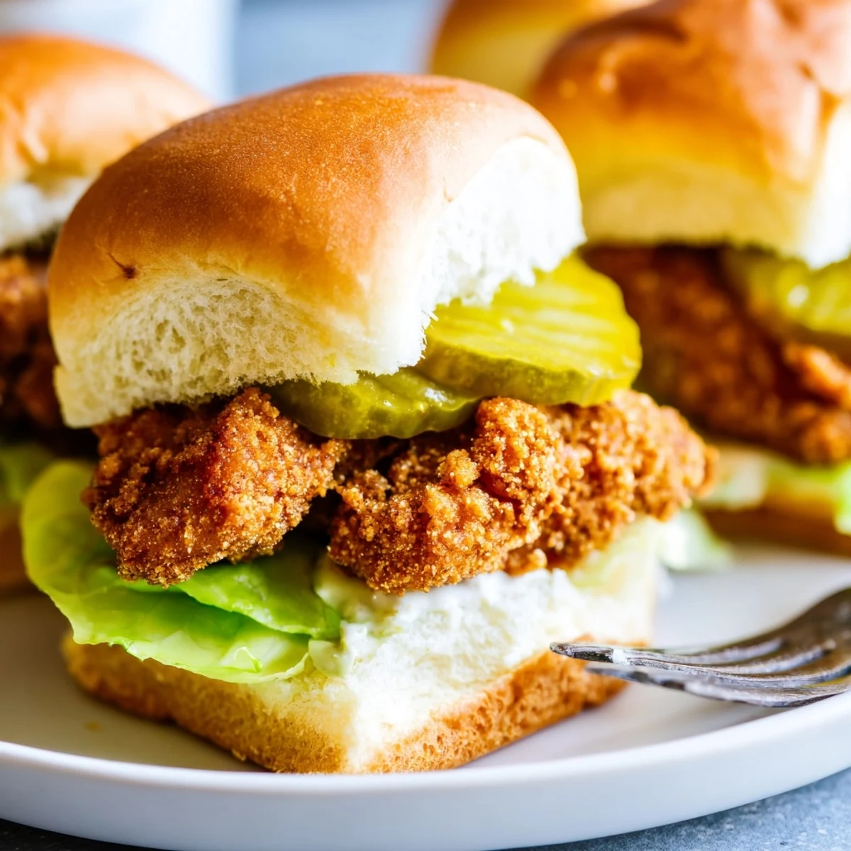 Golden crispy pickle brined fried chicken sliders stacked on soft buns with pickles