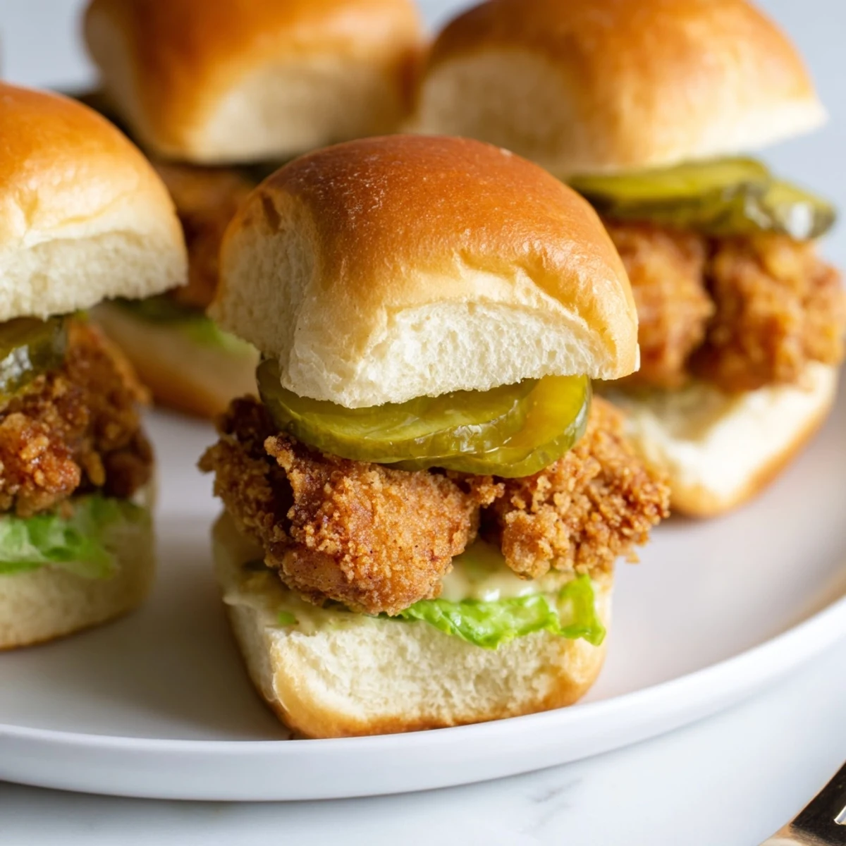 Crispy pickle brined fried chicken sliders with lettuce and mayo on toasted buns
