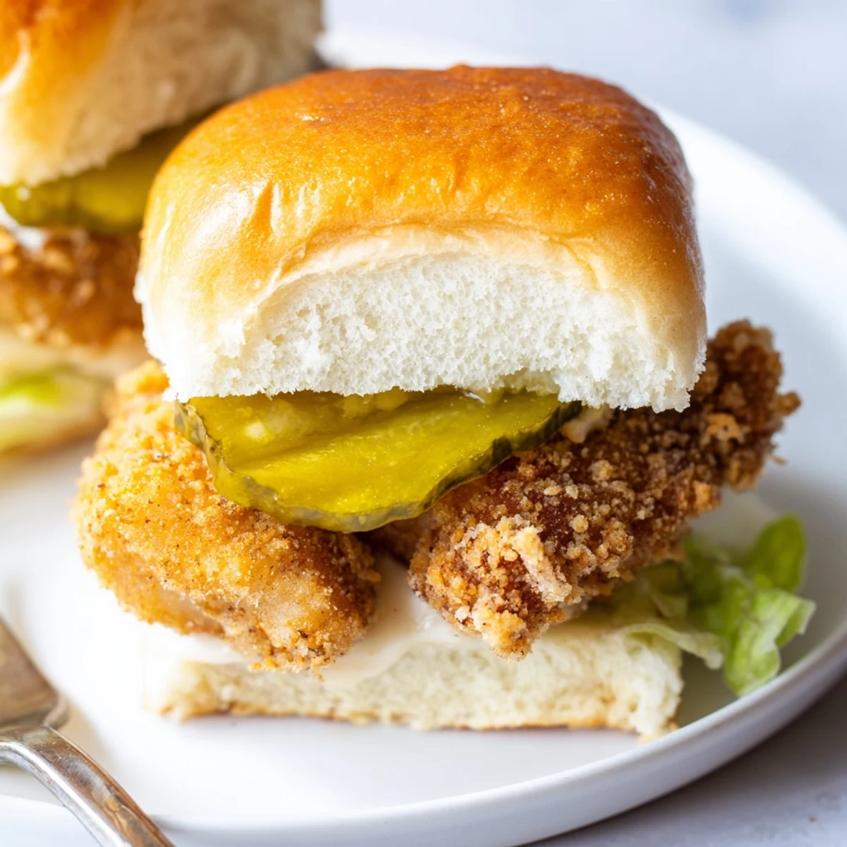 Close-up of pickle brined fried chicken sliders showcasing crunchy golden battered chicken