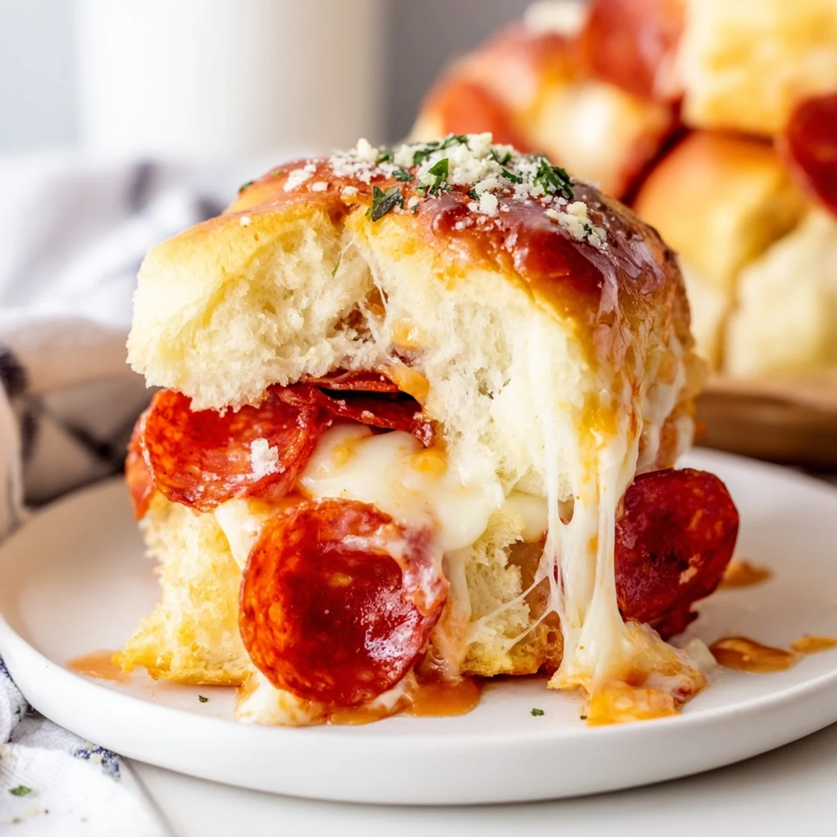 Gooey hot honey pepperoni pizza sliders with melted mozzarella on golden toasted rolls