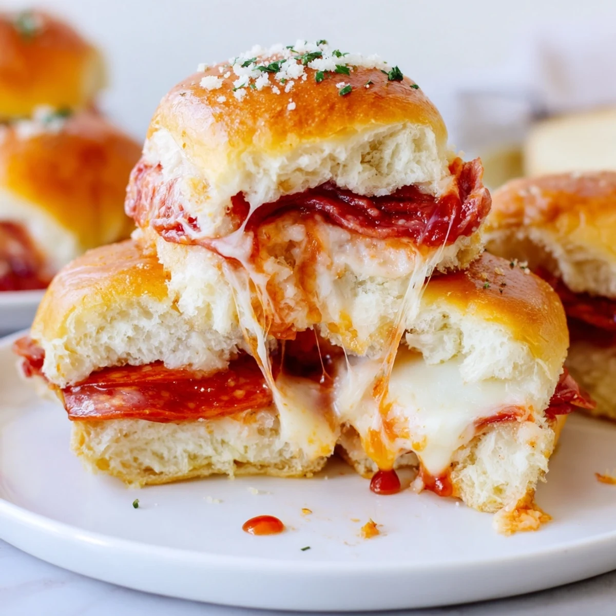 Hot honey pepperoni pizza sliders drizzled with spicy-sweet glaze on fluffy baked buns