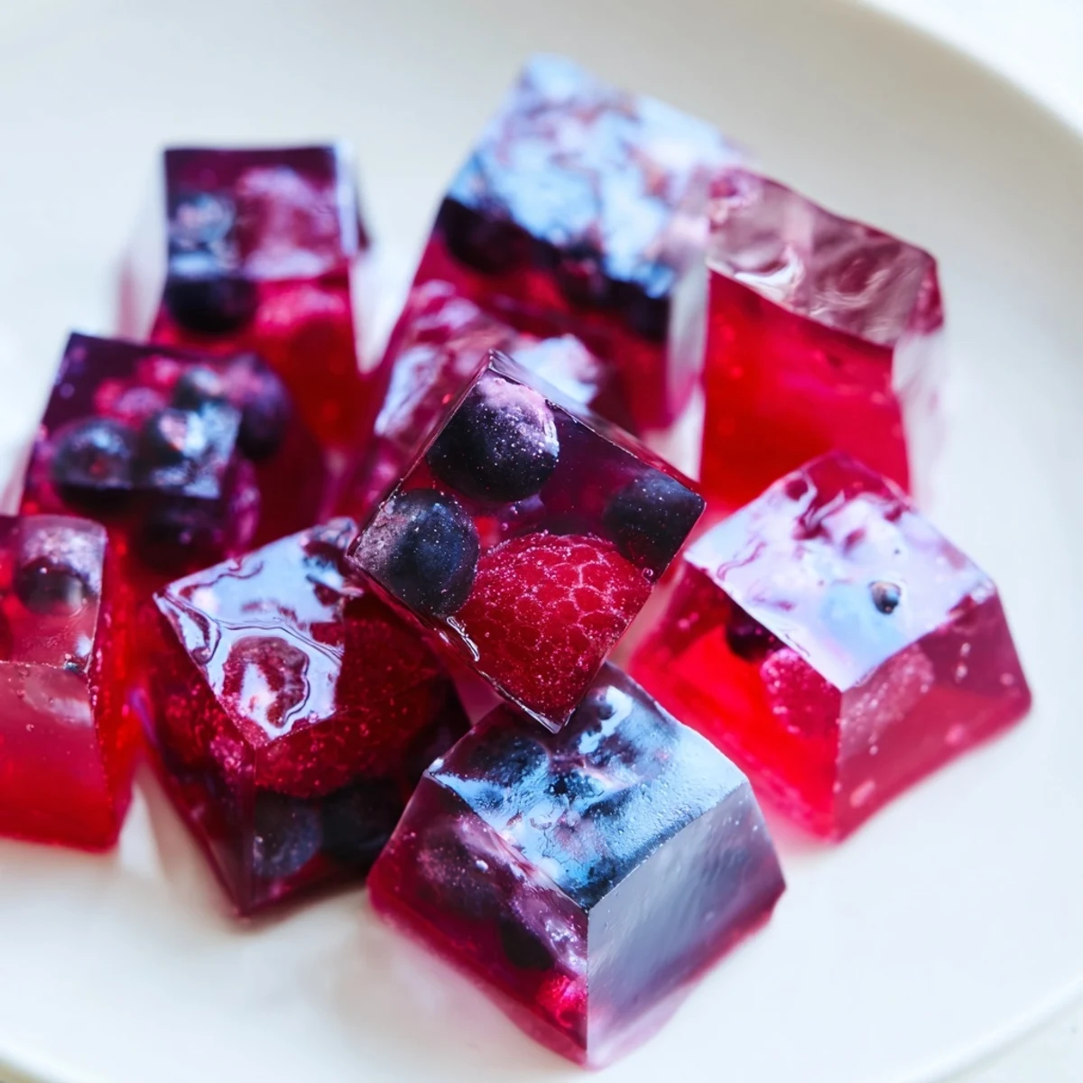 Glistening collagen fruit jellies in vibrant jewel-toned cubes dusted with powdered sugar
