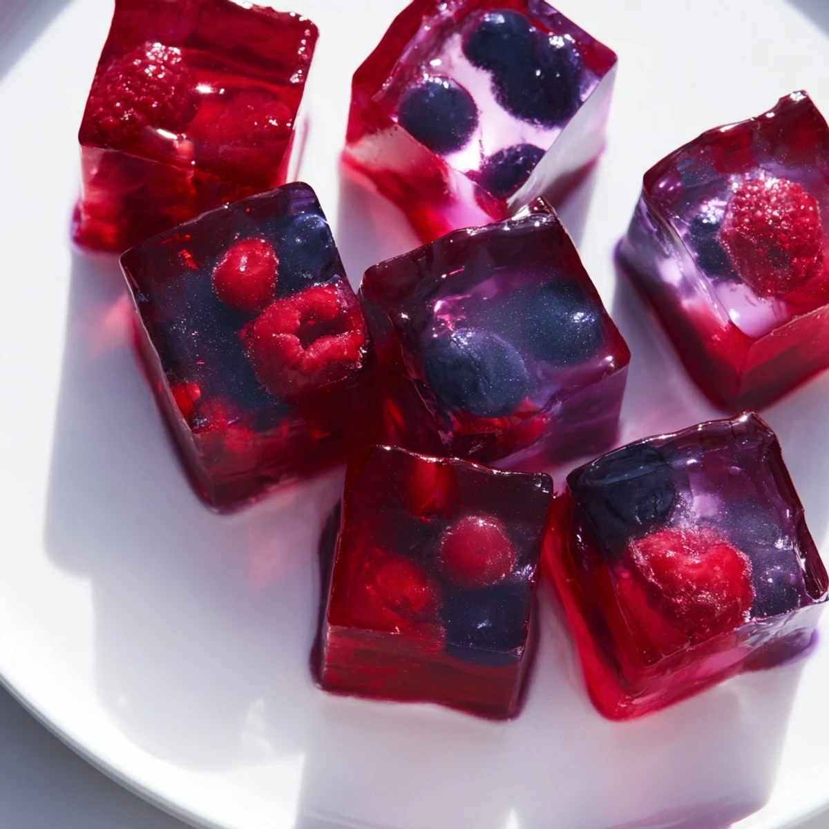 Translucent collagen fruit jellies topped with fresh berries on a white plate