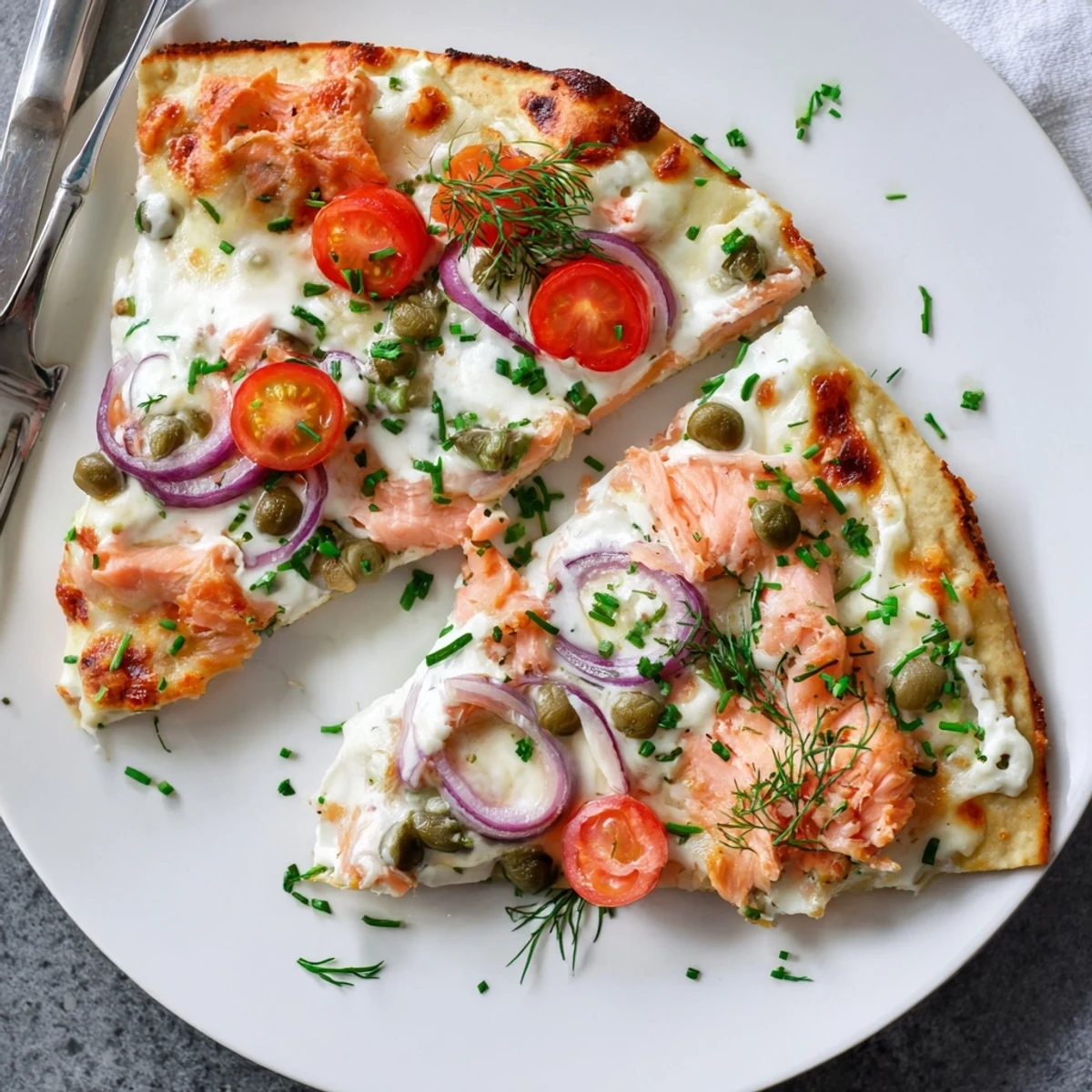 Flaky leftover salmon tortilla pizza bubbling with hot cheese and garnished with fresh dill and capers.