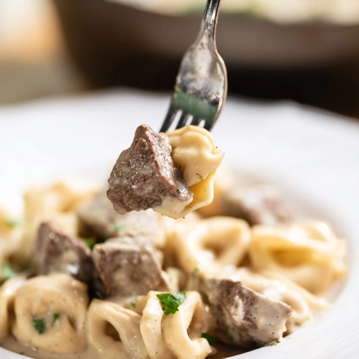 Savory steak and cheese tortellini plated in a smooth garlic cream sauce with parsley