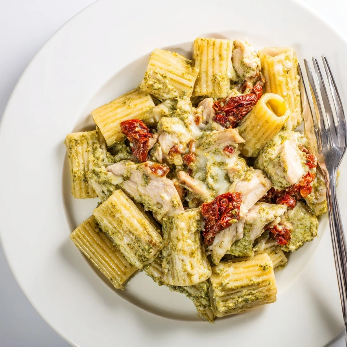 A comforting baked pasta dish featuring juicy chicken in a creamy basil pesto sauce.