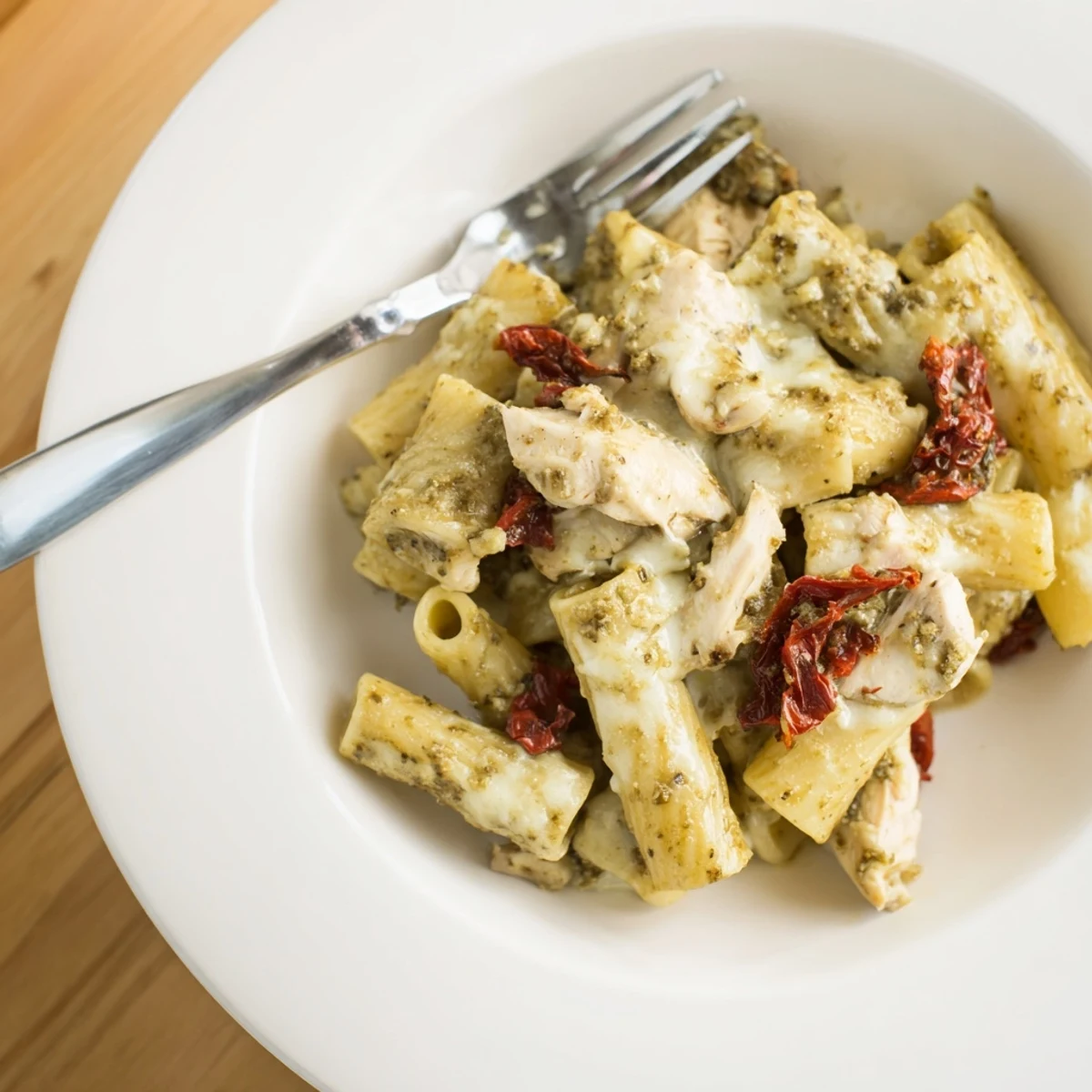 Golden bubbly Pesto Chicken Pasta Bake fresh from the oven with melted mozzarella.