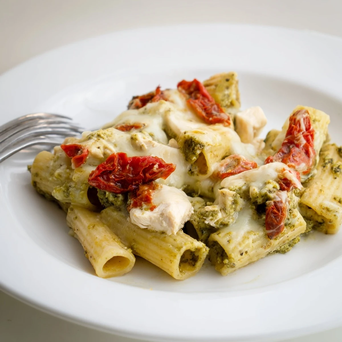 Sizzling skillet of Pesto Chicken Pasta Bake garnished with fresh basil leaves.