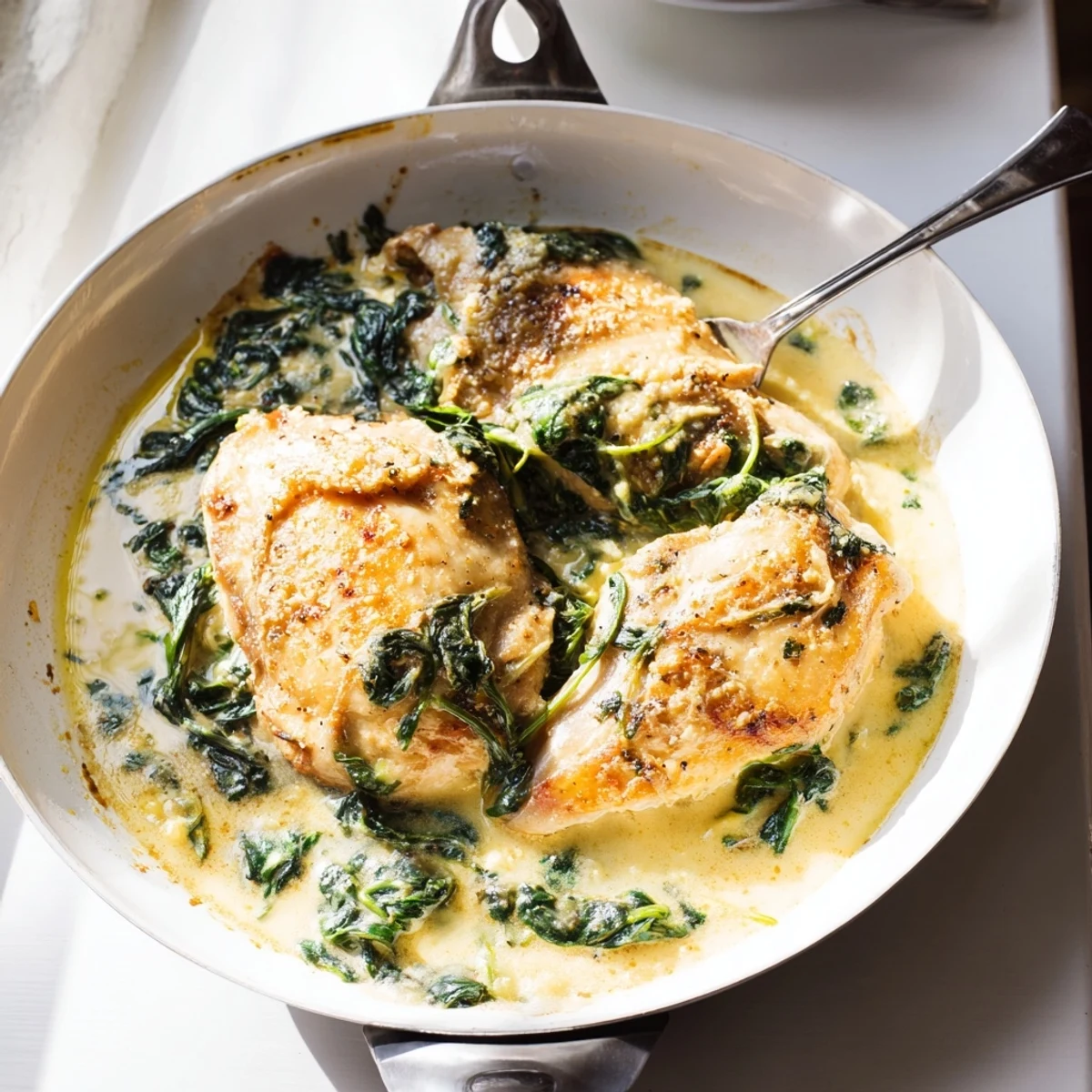 Juicy lemon parmesan spinach chicken served hot with wilted spinach and melted cheese.