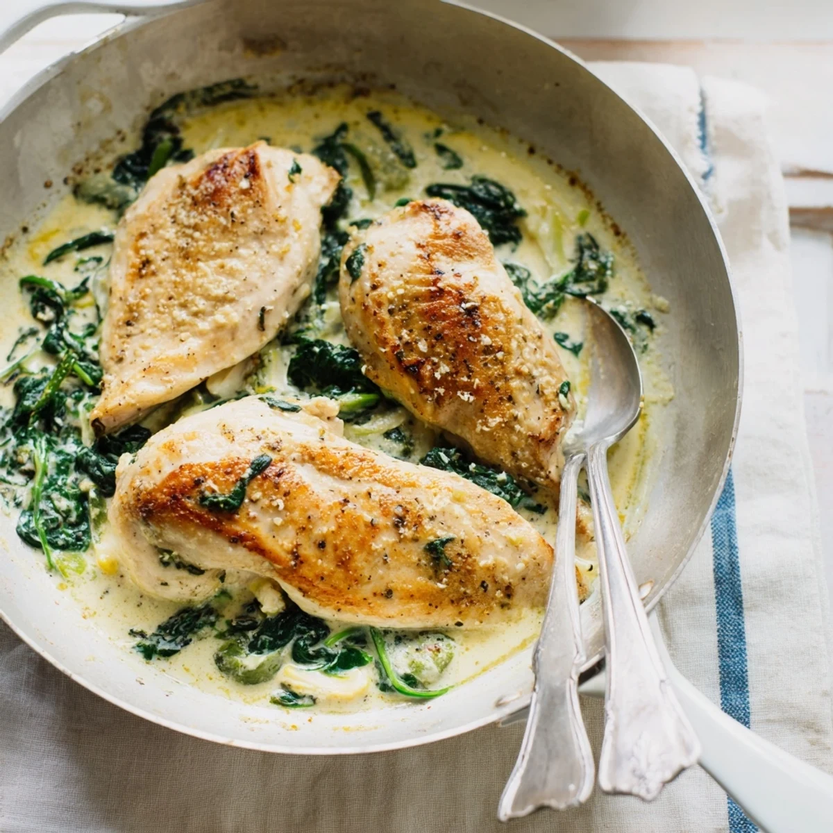 Golden brown chicken breasts nestled in a creamy lemon parmesan spinach sauce.