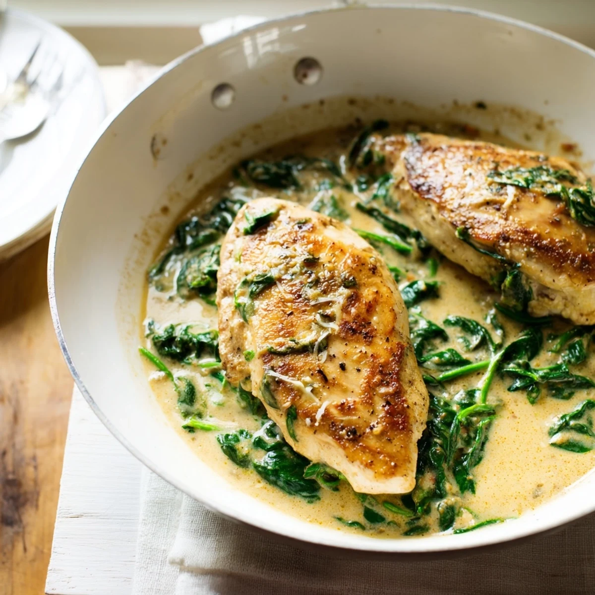A close-up of chicken breast baked with tangy lemon and savory parmesan crust.