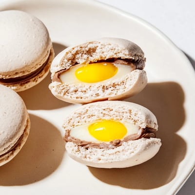 Cadbury Egg macarons with smooth chocolate ganache peeking from delicate almond shells