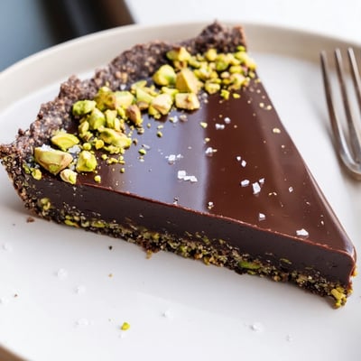 Silky dark chocolate ganache layered inside a buttery pistachio crust tart slice on a ceramic plate