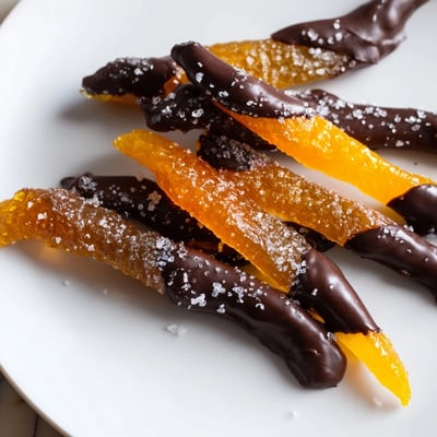 Candied chocolate covered orange peels glistening with dark coating on a wire rack.