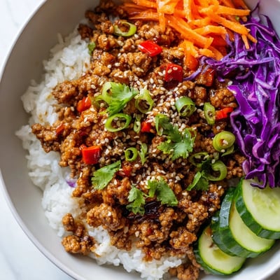 Savory ground turkey rice bowls drizzled with tangy sauce on fluffy jasmine rice